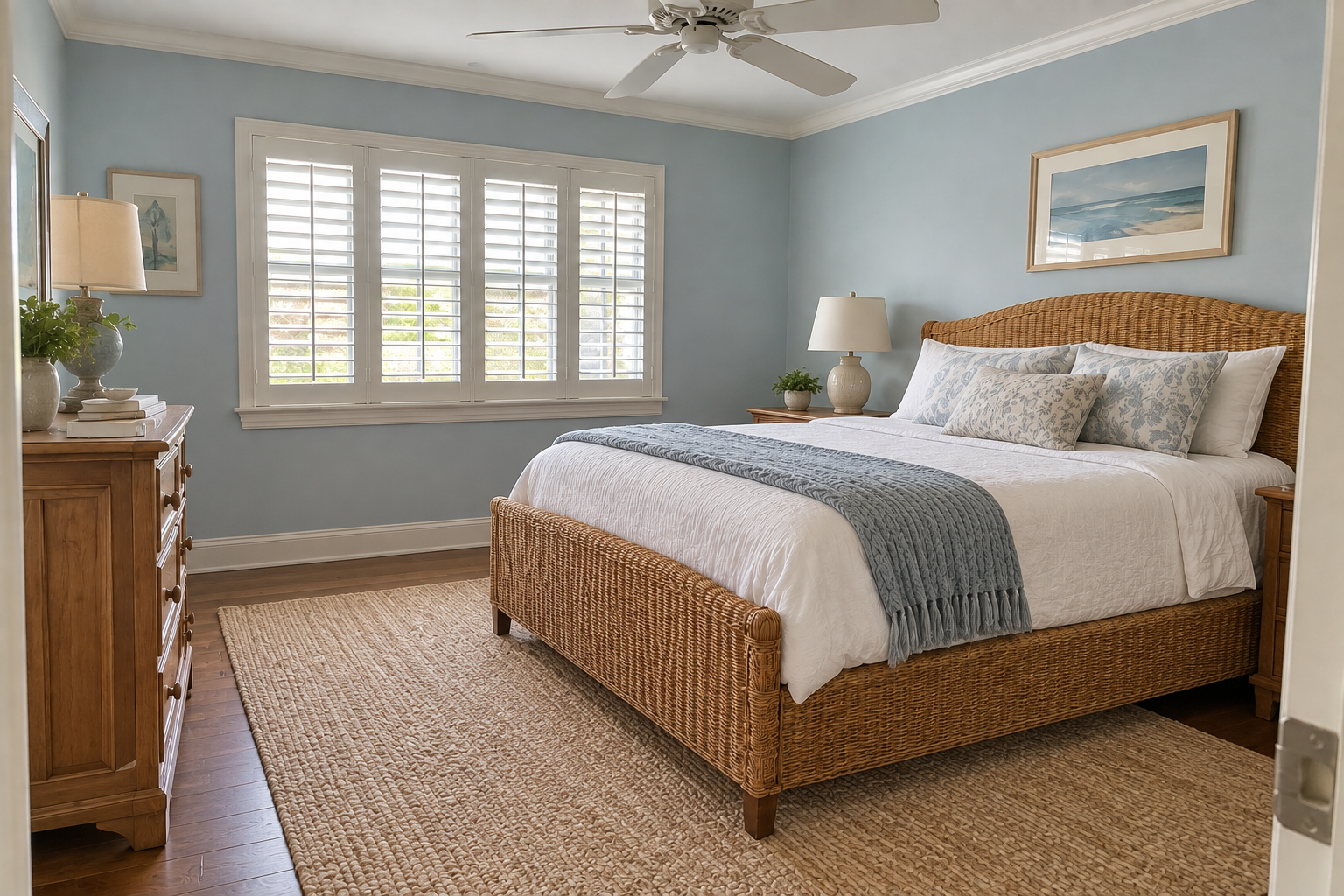 Illustrative example of the same bedroom after decluttering and cleaning, with the original furniture, a made bed and open floor space.
