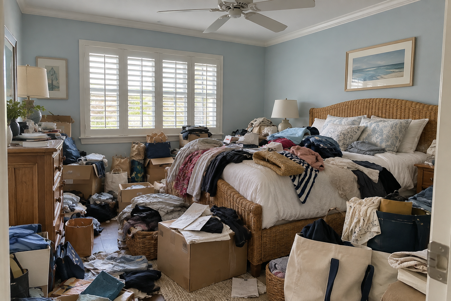 Illustrative Palm Beach bedroom before a major decluttering, with accumulated clothing, boxes, papers and bags covering much of the room.