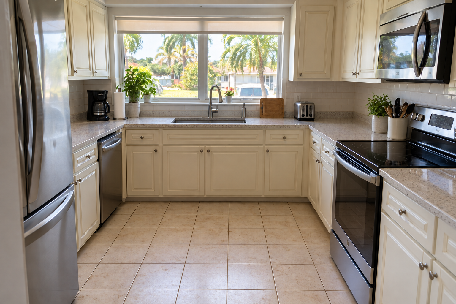 Illustrative example of the same Palm Beach kitchen after cleaning, with clear counters, a clean sink and freshly cleaned floors.