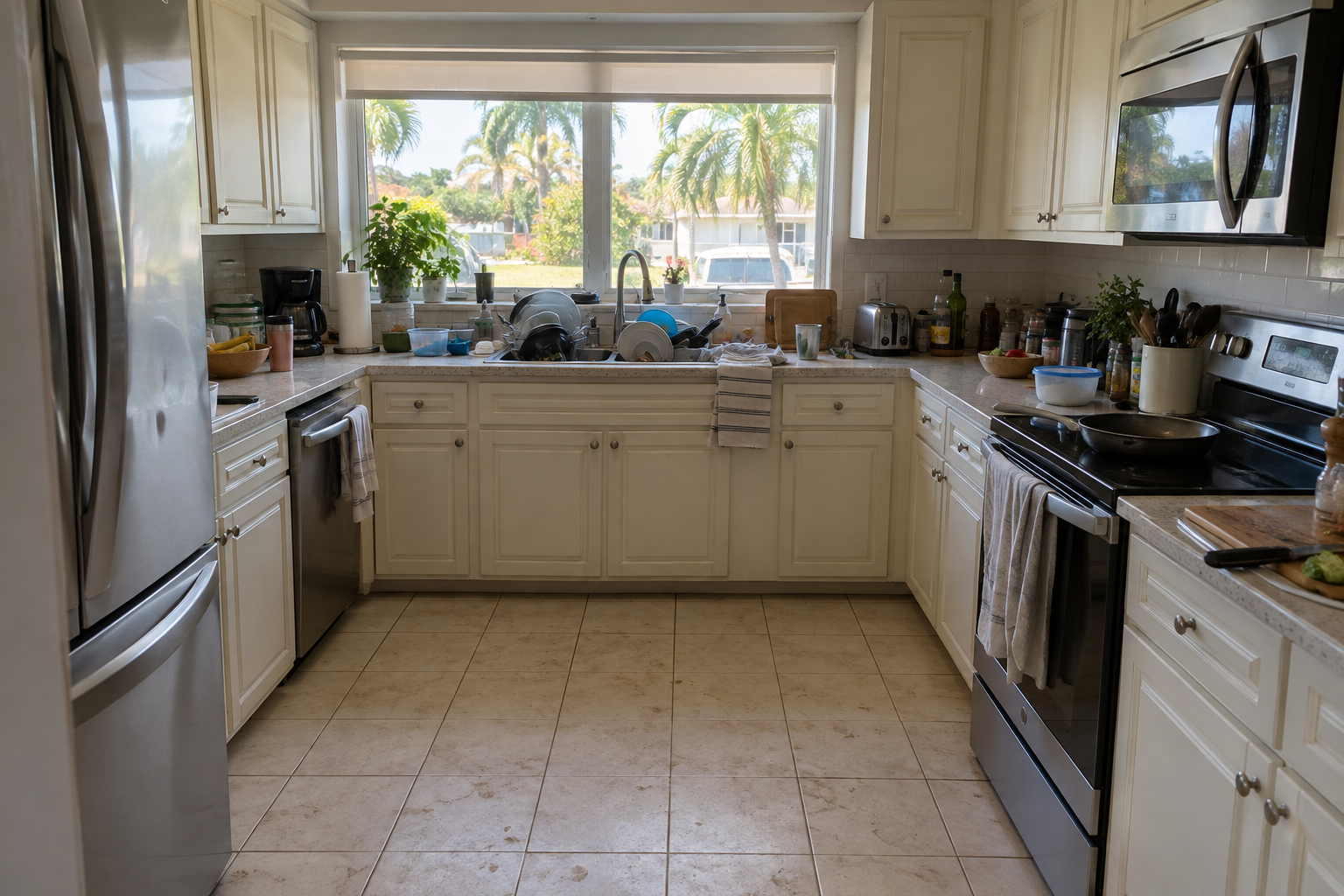 Illustrative Palm Beach kitchen before cleaning, with dirty dishes, cluttered counters and a dirty tile floor.