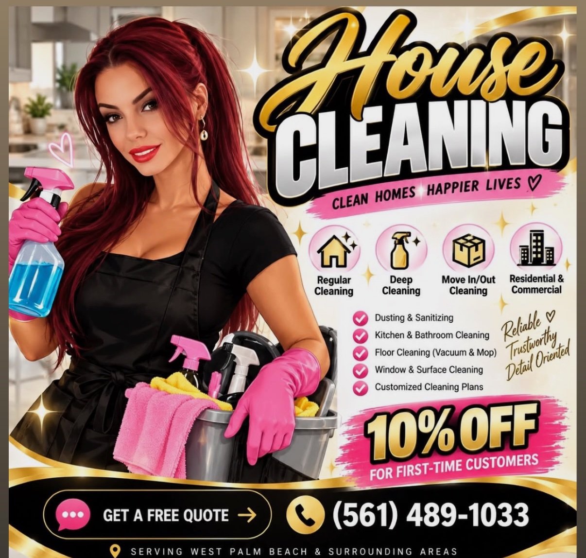 Royal Kleaning house cleaning advertisement: regular, deep, move-in/out, residential and commercial cleaning. First-time customers receive 10% off. Call 561-489-1033.