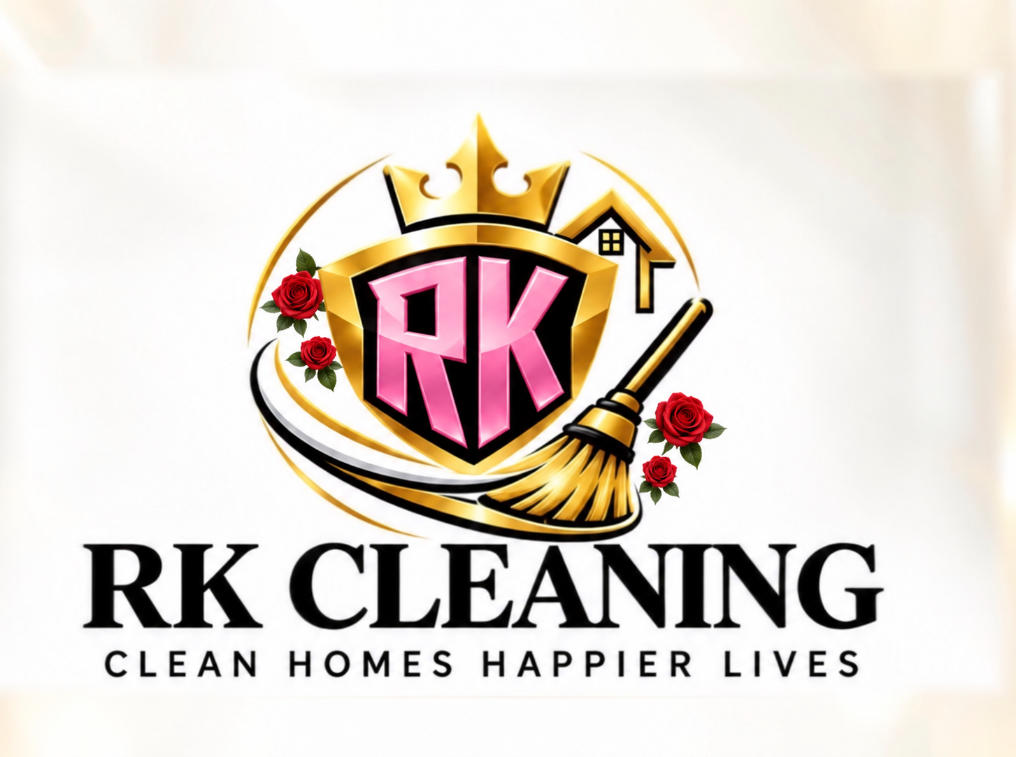 Royal Kleaning pink RK initials in a gold crown and shield with red roses